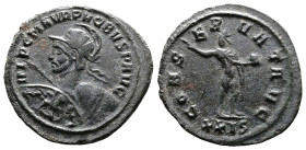 Probus, AD 276-282. AE Antoninianus. (23,5 mm. 3,7 g.). Siscia. IMP CM AVR PROBVS P AVG, radiate, helmeted, cuirassed bust left, holding spear and shi...