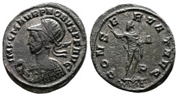Probus, AD 276-282. AE Antoninianus. (21,6 mm. 3,3 g.). Siscia. IMP CM AVR PROBVS PF AVG, radiate, helmeted, cuirassed bust left, holding spear over s...