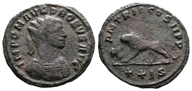 Probus, AD 276-282. AE Antoninianus. (22,3 mm. 2,8 g.). Siscia. IMP CM AVR PROBVS AVG, radiate, cuirassed bust right. Rev. PM TRI P COS II PP, lion wa...