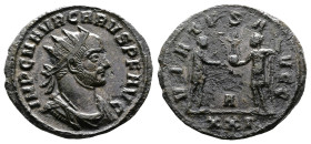 Carus, AD 282-283. AE Antoninianus. (21,4mm. 3,5 g.). Siscia. IMP CM AVR CARVS P F AVG, radiate, draped and cuirassed bust right. Rev. VIRTVS AVGG, Em...