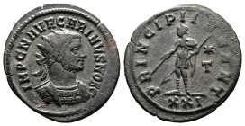 Carinus, AD 282-285. AE Antoninianus. (22,6mm. 3,6 g.). Siscia. IMP CM AVR CARINVS NOB C, radiate, cuirassed bust right. Rev. PRINCIPI IVVENT, Carinus...