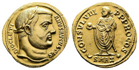 Diocletian, AD 284-305. AV Aureus. (19,9mm. 5,24 g.). Antioch. DIOCLETIANVS AVGVSTVS, laureate head right. Rev. CONSVL VIII P P PRO COS, emperor, toga...