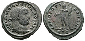 Diocletian, AD 284-305. AE Follis. (28 mm. 11,7 g.). Heraclea. IMP CC VAL DIOCLETIANVS PF AVG, laureate right. Rev. GENIO POPVLI ROMANI, Genius standi...