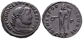 Diocletian, AD 284-305. AE FollIs. (27,5mm. 8,6 g.). Siscia. IMP C DIOCLETIANVS PF AVG, laureate head right. Rev. GENIO POPVLI ROMANI, Genius standing...