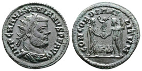 Maximianus, AD 286-310. AE Antoninianus. (22 mm. 2,4 g.). Cyzicus. IMP C M A MAXIMIANVS PF AVG, radiate, draped and cuirassed bust right. Rev. CONCORD...