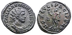 Maximianus, AD 286-310. AE Antoninianus. (22 mm. 4,3 g.). Lyons. IMP C VAL MAXIMIANVS PF AVG, radiate, draped and cuirassed bust right. Rev. HERCVLI P...