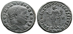 Galerius, AD 293-305. AE Follis. (27,8 mm. 9,7 g.). Aquileia. MAXIMIANVS NOB CAES, laureate head right. Rev. SACR MONET AVGG ET CAESS NOSTR, Moneta st...
