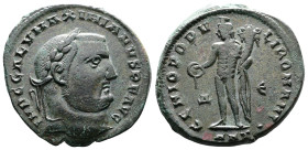 Galerius, AD 293-305. AE Follis. (27,4 mm. 12,3 g.). Antioch. IMP C GAL V MAXIMIANVS PF AVG, laureate head right. Rev. GENIO POPVLI ROMANI, Genius sta...
