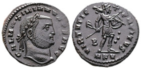 Galerius, AD 293-305. AE Follis. (24,3 mm. 5,7 g.). Cyzicus. GAL MAXIMINVS AVG, laureate head right. Rev. VIRTVTI EXERCITVS, Virtus walking right in m...