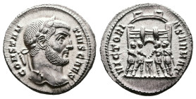 Constantius I, AD 292-306. AR Argenteus. (18,2 mm. 3,3 g.). Siscia. CONSTANTIVS CAESAR, laureate head right. Rev. VICTORIA SARMAT, the four tetrarchs ...