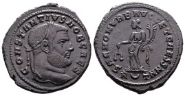 Constantius I, AD 303-305. AE Follis. (29,2 mm. 11,3 g.). Rome. CONSTANTIVS NOB CAES, laureate head right. Rev. SAC MON VRB AVGG ET CAESS NN, Moneta s...