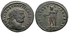 Constantius I, AD 297-298. AE Follis. (26,5 mm. 8,6 g.). Heraclea. FL VAL CONSTANTIVS NOB CAES, laureate head right. Rev. GENIO POPVLI ROMANI, Genius ...