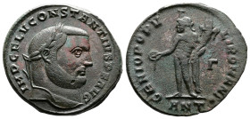 Constantius I, AD 305. AE Follis. (27,6 mm. 11,5 g.). Antioch. IMP C FL V CONSTANTIVS PF AVG, laureate head right. Rev. GENIO POPVLI ROMANI, Genius st...