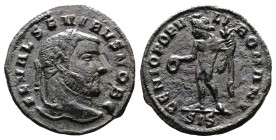 Severus II, AD 305-306. AE Quarter Follis. (18,8 mm. 2,1 g.). Siscia. FL VAL SEVERVS NOB C, laureate head right. Rev. GENIO POPVLI ROMANI, Genius stan...