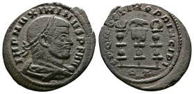 Maximinus II, AD 312-313. AE Follis. (24,2 mm. 3,3 g.). Rome. IMP MAXIMINVS P F AVG, laureate, draped bust right, seen from the back. Rev. S P Q R OPT...