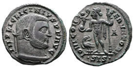 Licinius I, AD 308-324. AE Follis. (21,6 mm. 4 g.). Siscia. IMP LIC LICINIVS PF AVG, laureate head right. Rev. IOVI CONSERVATORI, Jupiter standing lef...