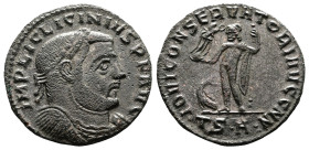 Licinius I, AD 308-324. AE Follis. (22,6 mm. 3,5 g.). Thessalonica. IMP LIC LICINIVS PF AVG, laureate head right. Rev. IOVI CONSERVATORI AVGG NN, Jupi...