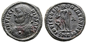 Licinius I, AD 308-324. AE Follis. (18,4 mm. 3,5 g.). Cyzicus. IMP LICINIVS AVG, laureate, draped bust left, holding globe, sceptre and mappa. Rev. IO...