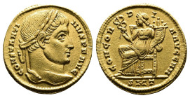 Constantine I, AD 307-337. AV Solidus. (18,2 mm. 4,43 g.). Ticinum. CONSTANTINVS P F AVG, laureate head right. Rev. CONCORDIA AVGG NN, Concordia seate...