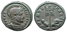 Constantine I, AD 309-337. AE Follis (19,6mm. 3,39 g.). Ticinum. CONSTANTINVS AVG, helmeted, cuirassed bust right. Rev. VIRTVS EXERCIT, standard inscr...