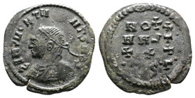 Contemporary imitation, AD 309-337. AE Follis (18,9mm. 2,9 g.). Imitating Constantinople. Garbled, retrograde legend, diademed, draped bust left. Rev....