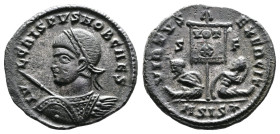 Crispus, AD 317-326. AE Follis (19,7mm. 2,72 g.). Siscia. IVL CRISPVS NOB CAES, laureate and cuirassed bust left, holding spear pointing forwards, and...