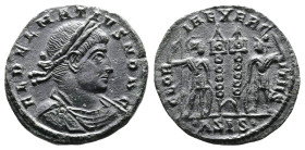 Delmatius, AD 334-335. AE Follis. (18,2mm. 2,2 g.). Siscia. FL DELMATIVS NOB C, laureate, draped and cuirassed bust right. Rev. GLORIA EXERCITVS, two ...
