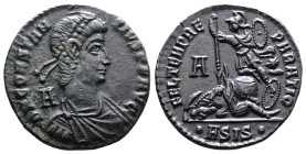Constantius II, AD 337-355. AE Centenionalis. (23,6mm. 5,1 g.). Siscia. DN CONSTAN-TIVS PF AVG, pearl-diademed, draped and cuirassed bust right, A beh...