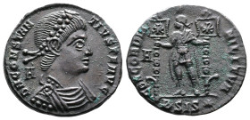 Constantius II, AD 337-355. AE Centenionalis. (22,1mm. 5 g.). Siscia. DN CONSTAN-TIVS PF AVG, pearl-diademed, draped and cuirassed bust right, A behin...