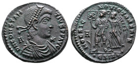 Constantius II, AD 337-355. AE Centenionalis. (23,9mm. 5,9 g.). Siscia. DN CONSTANTIVS PF AVG, pearl-diademed, draped and cuirassed bust right, star b...