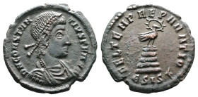 Constantius II, AD 337-355. AE Centenionalis. (19,6 mm. 2,3 g.). Siscia. DN CONSTANTIVS PF AVG, pearl-diademed, draped and cuirassed bust right. Rev. ...