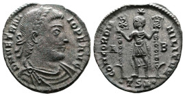 Vetranio, AD 350. AE Centenionalis.. (23,1mm. 4,2 g.). Thessalonica. DN VETRANIO PF AVG, laureate, draped and cuirassed bust right. Rev. CONCORDIA-MIL...