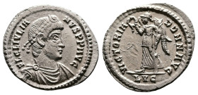 Julian II, AD 360-363. AR Siliqua. (19 mm. 1,8 g.). Lyons. FL CL IVLIANVS PF AVG, pearl-diademed, draped, cuirassed bust right. Rev. VICTORIA DD NN AV...