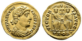 Valentinian I, AD 364-375. AV Solidus. (21,5 mm. 4,49 g.). Trier. DN VALENTINIANVS PF AVG, laurel and rosette-diademed, draped and cuirassed bust righ...