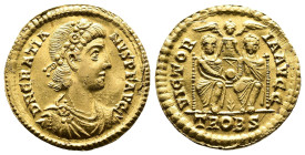 Gratian, AD 373-375. AV Solidus. (20,8 mm. 4,46 g.). Trier. DN GRATIANVS PF AVG, laurel and rosette diademed, draped and cuirassed bust right. Rev: VI...