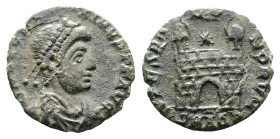 Magnus Maximus, AD 387-388. AE4. (12 mm. 0,69 g.). Aquileia. DN MAG MA-XIMVS PF AVG, pearl-diademed, draped and cuirassed bust right. Rev. SPES ROMANO...