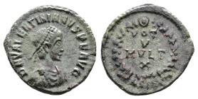 Valentinian II, AD 375-392. AE4. (15,5 mm. 1,44 g.). Siscia. DN VALENTINIANVS PF AVG, pearl-diademed, draped and cuirassed bust right. Rev. VOT V MVLT...