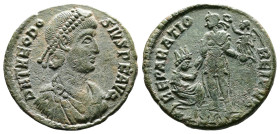 Theodosius I, AD 379-383. AE2. (23,1mm. 4,66 g). Siscia. DN THEODOSIVS PF AVG, pearl-diademed, draped and cuirassed bust right. Rev. REPARATIO REIPVB,...