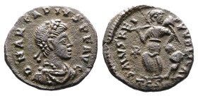 Arcadius, AD 388-393. AE4. (14 mm. 1,15 g.). Thessalonica. DN ARCADIVS PF AVG, pearl-diademed, draped and cuirassed bust right. Rev. SALVS REI-PVBLICA...