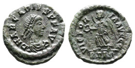 Arcadius, AD 384-287. AE4. (14 mm. 1 g.). Siscia. DN ARCADIVS PF AVG, pearl-diademed, draped and cuirassed bust right. Rev. VICTORIA AVGGG, Victory wa...