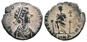 Eudoxia, AD 398-401. AE3. (17,2mm. 2,16 g.). Cyzicus. AEL EVDO-XIA AVG, pearl-diademed, mantled bust right, wearing necklace. Rev. GLORIA ROMANORVM, E...