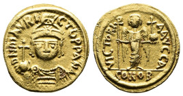 Maurice Tiberius. AD 582-602. AV Solidus (17,3 mm. 4,43 g.). Carthage mint. DN MAVRIC Tb PP AVI, , cuirassed bust facing wearing plumed helmet, holdin...