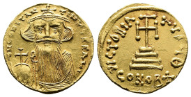 Constans II. AD 641-668. AV Solidus (19,1mm. 4,46 g.). Constantinople mint. δ N CONSTANTINЧS P P AV, bust facing with long beard and moustache, wearin...