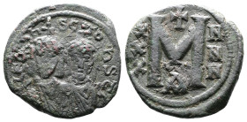 Leo V and Constantine. AD 813-820. AE Follis. (22 mm. 5,99 g.). Constantinople mint. LEON S CONST, Leo on the left with short beard and Constantine on...