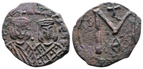 Michael II and Theophilus. AD 820-829. AE Follis. (21,7mm. 3,67 g.). Syracuse. mIXAHL S QEO, Facing busts of Michael II, with short beard, wearing chl...