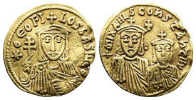 Theophilus. AD 829-842. AV Solidus. (19,65 mm. 4,26 g.). Constantinople. *ΘЄOFI-LOS bASILЄ' Θ, crowned bust facing, holding patriarchal cross and akak...