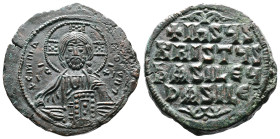 Basil II and Constantine VIII. AD 976-1028. AE Class A2 Anonymous Follis. (29,6 mm. 11,25 g.). Constantinople. +EMMANOVHA, nimbate bust of Christ faci...
