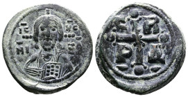 Romanus IV. AD 1068-1071. AE Follis. (27 mm. 9,76 g.). Constantinople. IC-XC NI-KA in two lines across fields, bust of Christ facing, dotted cross beh...
