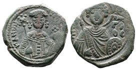 Manuel I. AD 1143-1181. AE Tetarteron. (20,2 mm. 4,1 g.). Thessalonica. O ΓEWΡΓΙΟC across fields, bust facing of St. George, unbearded, nimbate, weari...