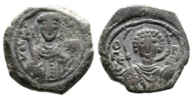 Manuel I. AD 1143-1181. AE Half Tetarteron. (16,3 mm. 2,36 g.). Thessalonica. O ΓEWΡΓΙΟC across fields, bust facing of St. George, unbearded, nimbate,...
